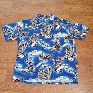 Hilo Hattie Hawaiian Shirt Mens 2XL Blue Rayon Hawaii Volcano Island Button Up